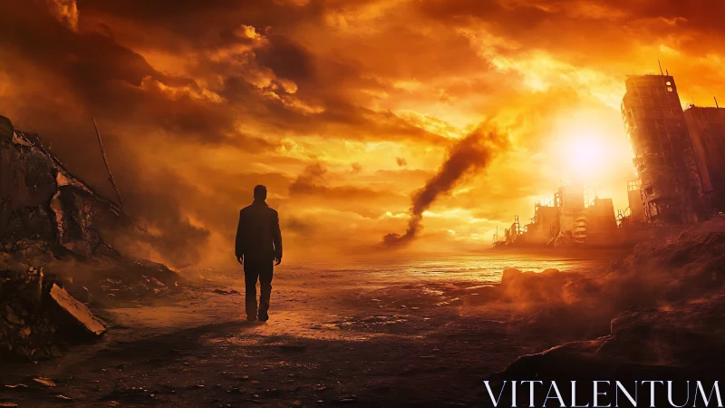 Lone figure walking across a burning postwar wasteland.