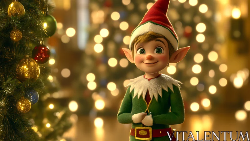 3D Christmas elf portrait with bokeh holiday tree lighting