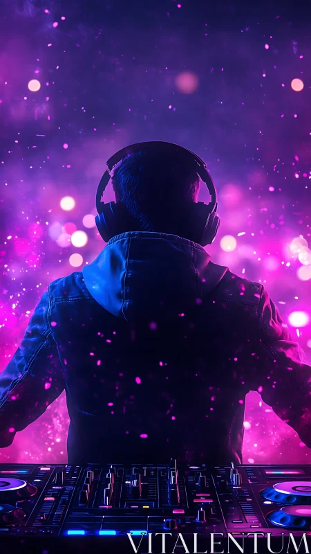 Neon dusk DJ conjuring cosmic beats in violet haze.