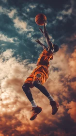 Basketball player jumps high for layup against stormy sky.