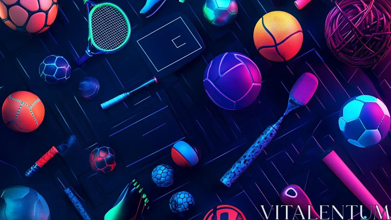 Neon lit sports equipment collection arranged on dark surface