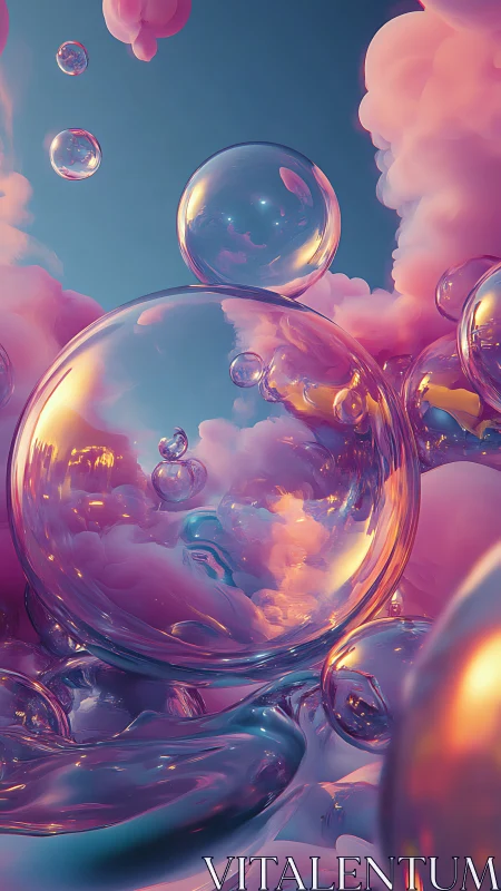 Iridescent glass spheres drifting through pastel vapor clouds.
