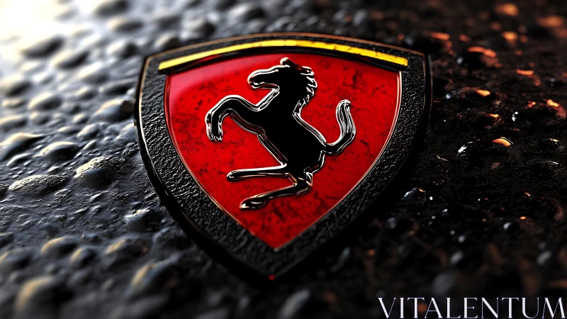 Metallic shield emblem with horse figure lies on wet surface