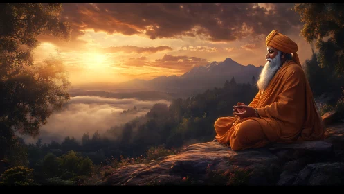 Digital painting of sage meditating at golden mountain sunrise.