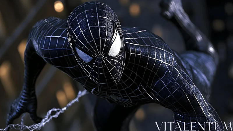 Black-suited Spider-Man in dramatic action, cinematic lighting style.