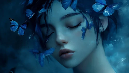Midnight dreamer rests softly among gentle blue butterflies