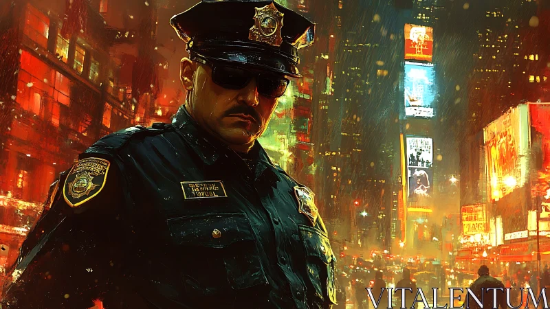 Urban night police officer stands in neon lit city street.