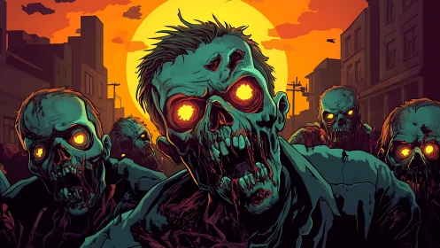 Horde of glowing-eyed zombies storm a ruined city street.