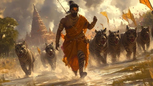 Warrior in saffron robes runs with tigers before temple