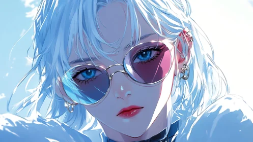 White haired subject with tinted glasses in close portrait.