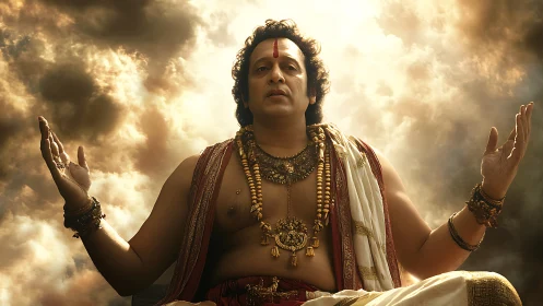 Dramatically lit spiritual figure in traditional jewelry against clouds