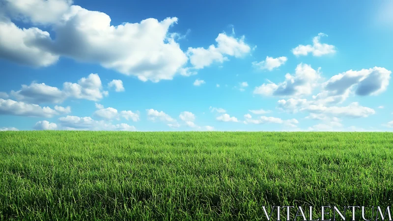 Vast green meadow under bright blue sky with soft cumulus clouds.