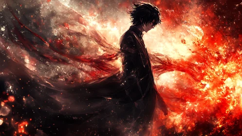 Solitary anime figure within eruptive crimson energy field.