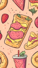 Cartoon fast food pattern with snacks and drinks.