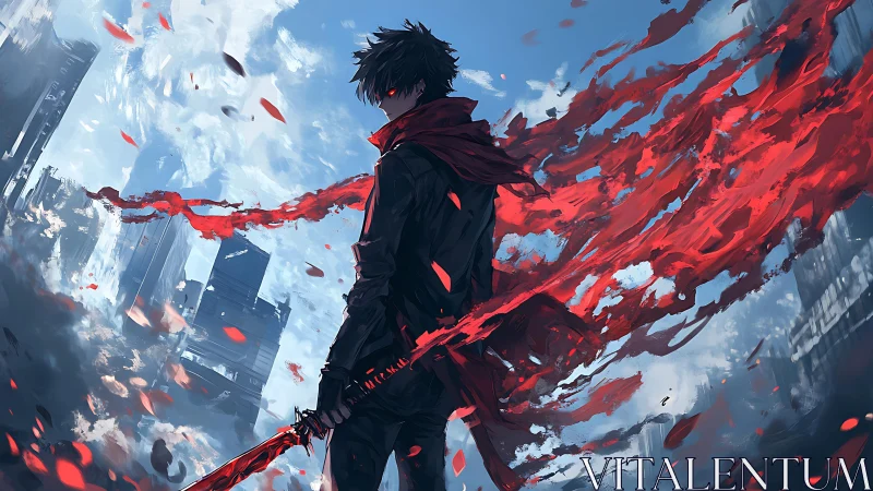 Figure with red energy cloak stands before tilted cityscape