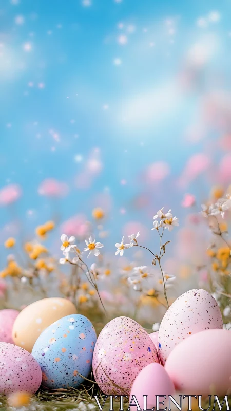 Pastel speckled Easter eggs glow under dreamy spring sky.