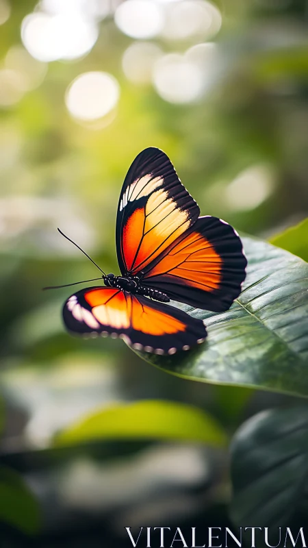 Vivid orange butterfly poised on leaf in soft bokeh grove.