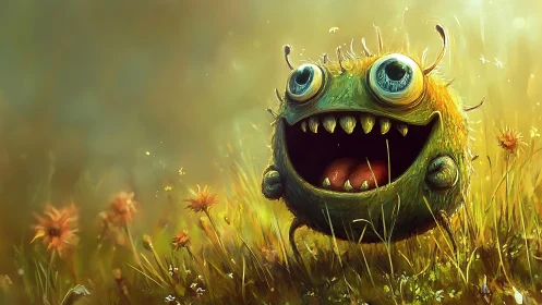 Sunlit meadow monster bellows joy into golden morning