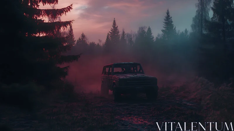Abandoned off-road vehicle in misty conifer forest at dusk.