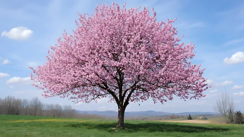 Photorealistic cherry tree in balanced spring landscape composition.