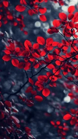 Red leaves extend across a vertically framed dark background