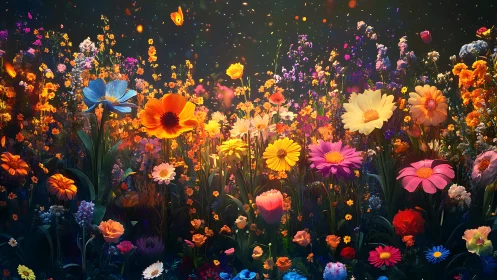 Densely arranged flowers with varied hues against dark background