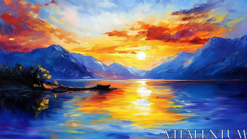 Sunset paints liquid fire across a dreaming mountain lake