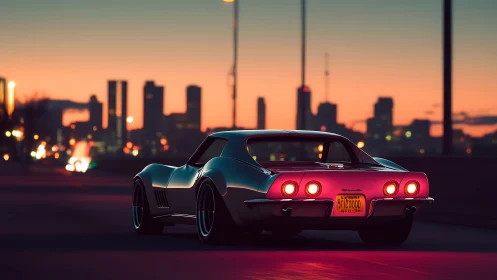 Classic muscle car glows against sunset city skyline.