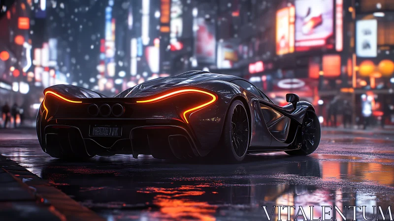 Hypercar rear profile in neon-lit rainy city streetscape.