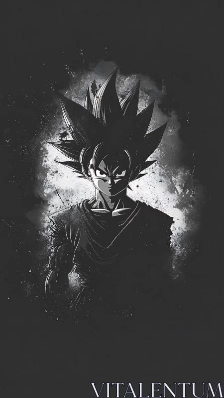 Brooding spiky-haired warrior emerges from monochrome shadows.