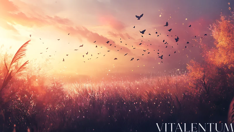 Sunset meadow glows softly as birds rise into warm light