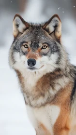 Golden-eyed wolf stands alert in a serene winter snowfall.