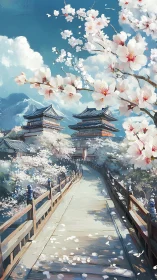 Cherry blossom bridge leading to traditional Japanese temple