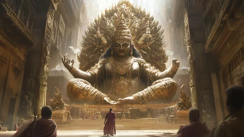 Monumental multi-armed deity rendered in luminous temple light.