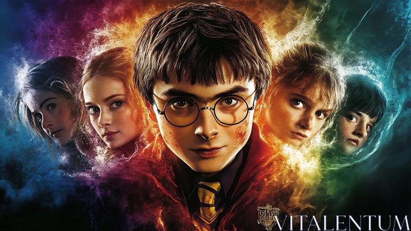 Central youth portrait with surrounding colorful character faces.