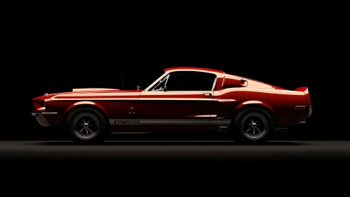 Red classic fastback muscle car in dramatic side profile lighting.
