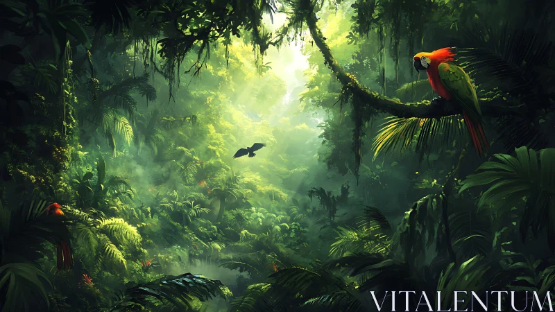 Scarlet macaws overlook dense sunlit tropical rainforest