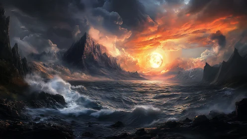 Storm-lashed sea under blazing apocalyptic sunset sky.