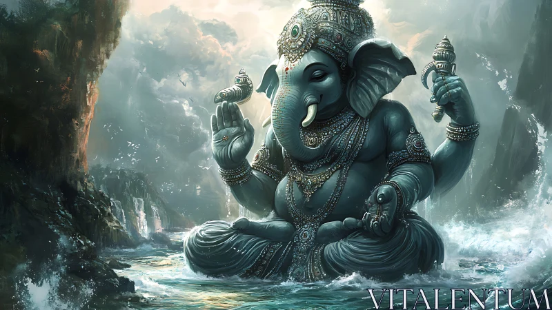 Majestic elephant-headed deity rises in storm-tossed ocean.