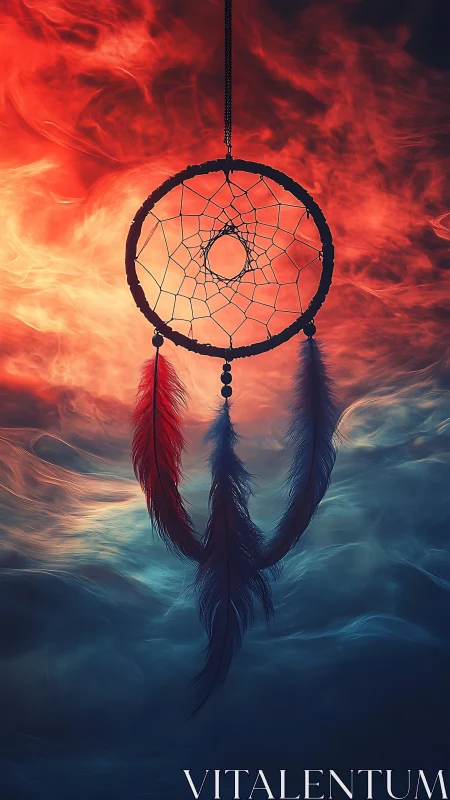 Dreamcatcher glows softly between fiery sky and calm night