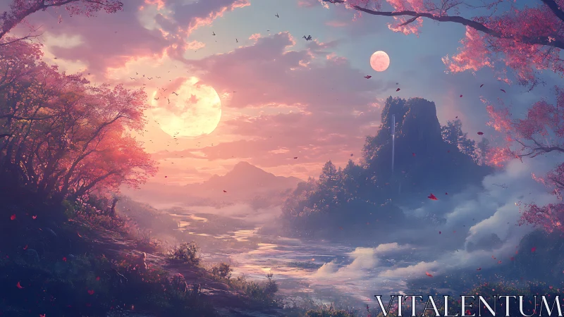 Dual-moon atmospheric river valley in chromatic dusk light.