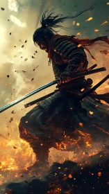 Armored samurai strides through embers in dynamic chiaroscuro