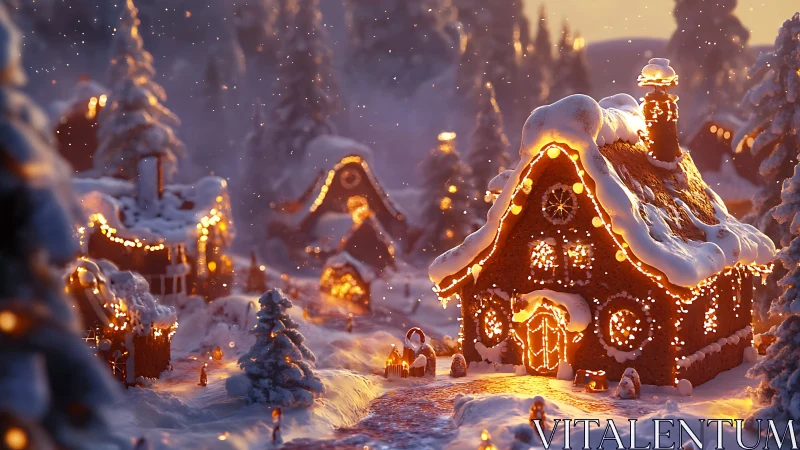 Candied cottages glow while winter dusk dusts them in sugar