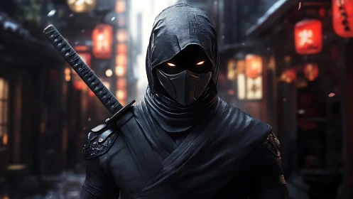 Armored cyber ninja stalks neon alley under glowing lanterns