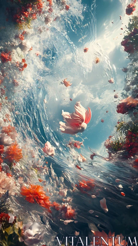 Whirling floral torrent encircling drifting petals in light.