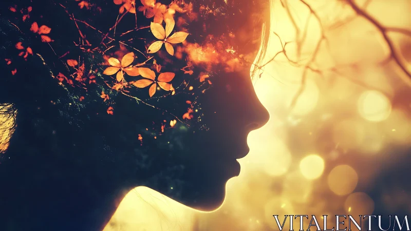 Silhouette profile merges autumn leaves in golden bokeh glow.