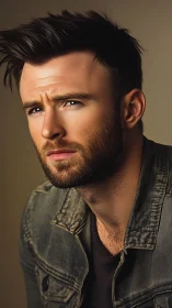 Moody bearded man in denim jacket under soft studio light.