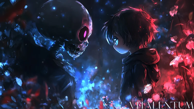 Human figure and skeletal entity in contrasted light field.