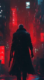 Solitary armed figure in neon red cyberpunk alleyway at night