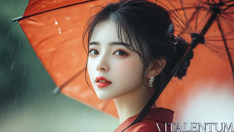 Digital portrait of woman with red umbrella in gentle rainfall